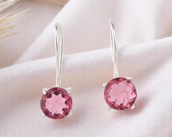 Pink Tourmaline Sterling Silver Drop Earrings: Round Cut Bridal Jewelry