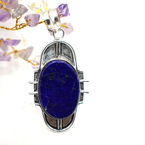 Lapis Lazuli Oval Vintage Pendant, Natural 925 Sterling Silver Pendant, Gemstone Lapis Lazuli Jewelry, Women's Fashion Jewelry