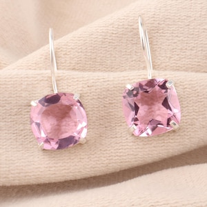 Pink Morganite Gemstone Silver Dangle Earrings, 925 Sterling Silver Cushion Cut Pretty Bridesmaid Earrings, June Birthstone Gift For Mother