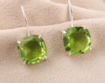 Peridot Gemstone Pretty Cushion Cut Drop Silver Earrings, 925 Sterling Silver Earrings For Women, August Birthstone, Handcrafted Earrings