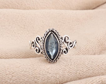 London Blue Topaz Gemstone Silver Women Ring 925 Sterling Silver Ring, Marquise Cut Customized Bezel Set Oxidized Ring, December Birthstone