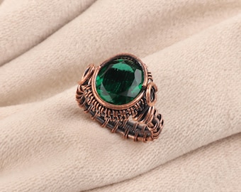 Emerald Copper Wire Wrapped Ring: Oval Gemstone Statement Jewelry