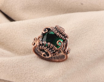 Green Emerald Gemstone Copper Ring | Copper Wire Wrapped Ring | Designer Jewelry | Gift For Her