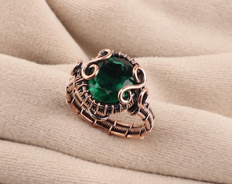 Green Emerald Copper Wire Wrapped Ring | Oval Gemstone Statement Jewelry