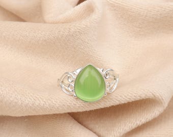 Green Cat's Eye Heart Ring: 925 Sterling Silver Boho Statement
