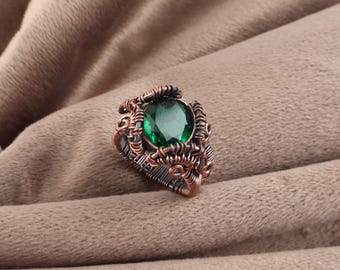 Green Emerald Copper Ring | Wire Wrapped Jewelry | May Birthstone | Elegant Homemade Jewelry For Mother