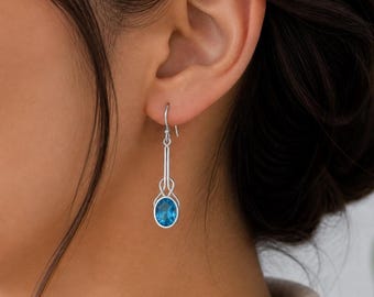 Swiss Blue Topaz Silver Earrings, 925 Sterling Silver Drop Earring, Handmade Gemstone Jewelry,  Women's Gift