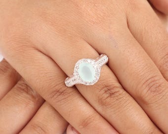 Aqua Chalcedony Gemstone Sterling Silver Ring | Round Cut Designer CZ Ring | Artisan Bridal Ring