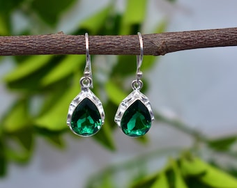 Green Emerald Silver Earrings, 925 Sterling Silver Drop Earring, Handmade Gemstone Jewelry, Emerald Pear Shape Earring, Women's Gift