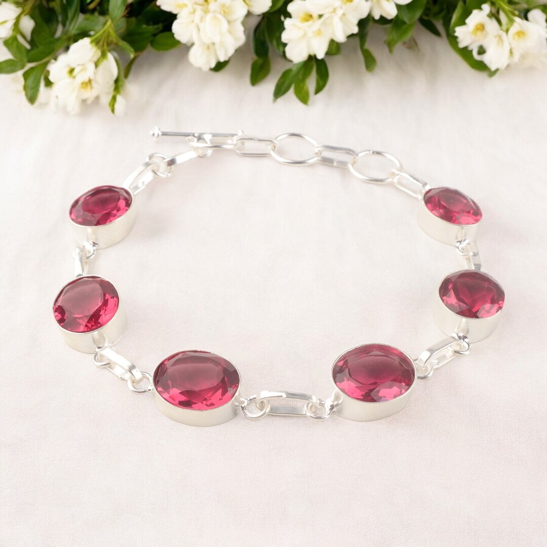 Bracelet Ancien En Rubellite Rose – Pierre Ovale, Sertie Argentée, Fait Main En Inde