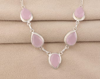 Rose Chalcedony Gemstone 925 Sterling Silver Necklace, Elegant Bridal Jewelry