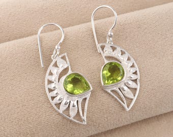 Peridot Gemstone Sterling Silver Earrings | 925 Sterling Silver Handmade Jewelry | August Birthstone Gift | Dangle Earrings