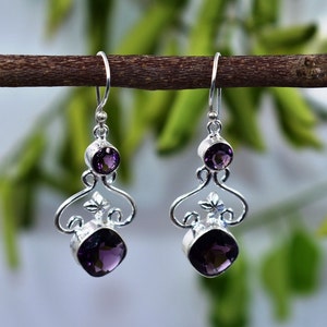 African Amethyst Earring, Two Stone Earring, Amethyst Faceted Gemstone, Sterling Silver Earrings, Boho Earring Set, Handmade Jewelry Gift