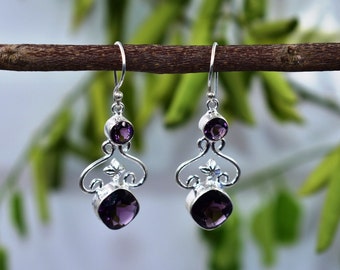 African Amethyst Earring, Two Stone Earring, Amethyst Faceted Gemstone, Sterling Silver Earrings, Boho Earring Set, Handmade Jewelry Gift