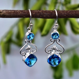 Swiss Blue Topaz Gemstone Silver Earrings, 925 Sterling Silver Handmade Bezel Set Earring, December Birthstone, Unique Style Dangle Earring