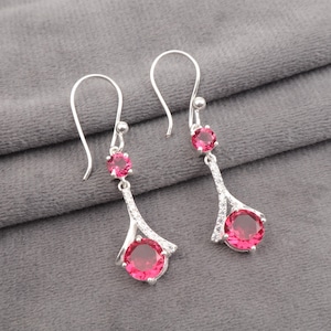 Pink Rubellite Gemstone Cubic Zirconia Silver Dangle Earrings, 925 Sterling Silver Elegant Bridal Drop Earrings, Pretty Customized Earrings