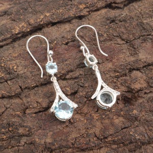 Sky Blue Topaz Sone Pretty Droplet Dangle Zircon Earrings, 925 Sterling Silver Bezel Set Two Stone Hook Women Earrings, December Birthstone