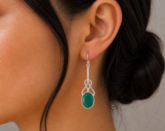 Green Onyx Gemstone Silver Earrings | 925 Sterling Silver Unique Chalcedony Earrings | Teardrop Dangle Earring