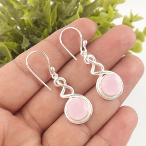 Rose Chalcedony Stone Silver Earrings, 925 Sterling Silver Women Earrings, Round Cut Stone Earrings, Pink Chalcedony Earrings, Gift For Her