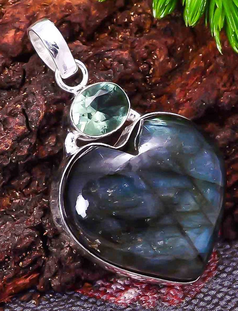 Natural Labradorite /& Green Amethyst Gemstone 925 Sterling Silver Plated Heart ShapePendant Vintage Pendant Tribal Jewelry Mother/'s day Gift
