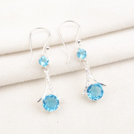 Boucles D'oreilles Artisanales En Argent 925 Avec Topaze Bleue London Naturelle - Style Feuille Pendante