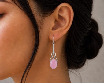 Rose Chalcedony Gemstone Silver Earrings | 925 Sterling Silver Unique Chalcedony Earrings | Teardrop Dangle Earring