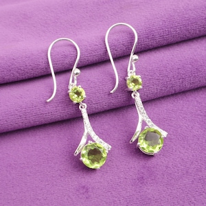 Peridot Gemstone Drop Dangle Zircon Silver Earrings, 925 Sterling Silver, Two Round Stone Prong Set Earrings, August Birthstone Jewelry