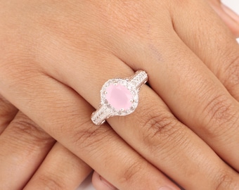 Rose Chalcedony Gemstone Sterling Silver Ring | Chalcedony Silver Jewelry | Anniversary Gift | Designer CZ Ring