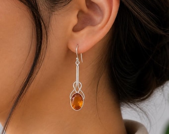 Citrine Silver Earrings, 925 Sterling Silver Dangle Earring, Handmade Gemstone Jewelry,  Women's Gift