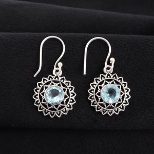 Sky Blue Topaz Gemstone Silver Dangle Earrings, 925 Sterling Silver Pretty Blue Floral Vintage Style Earrings, Bridal Earrings, Gift For Her