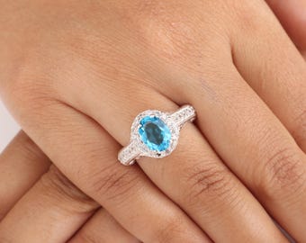 Swiss Blue Topaz Gemstone Silver Ring | 925 Sterling Silver Pretty Blue Women Ring | Elegant Homemade Ring For Mother