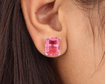 Pink Tourmaline Gemstone Silver Studs, 925 Sterling Silver, Pretty Women Studs, Bridesmaid Gift, Tourmaline Earring, Earring For Mother