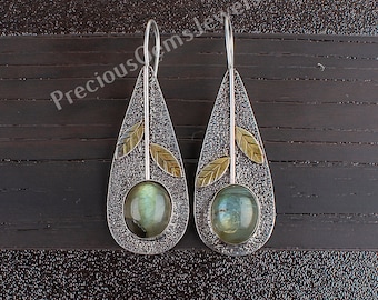 Labradorite Dangle Earrings: Oxidized Sterling Silver, Two-Tone Gold