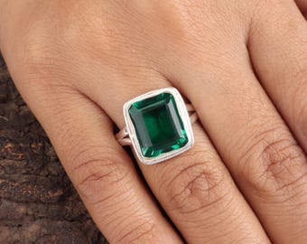 Green Emerald Gemstone Silver Ring: 925 Silver Elegant Women Jewelry, Gift For Her