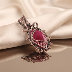 Kashmiri Ruby Gemstone Copper Pendant | Copper Wire Wrapped Drop Women Pendant | Antique Copper Jewelry