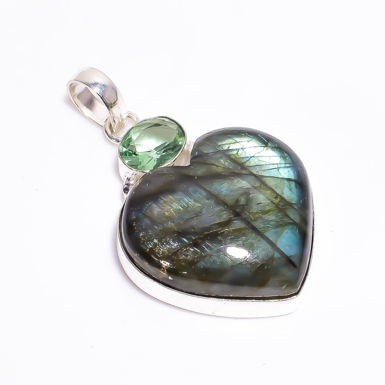 Natural Labradorite /& Green Amethyst Gemstone 925 Sterling Silver Plated Heart ShapePendant Vintage Pendant Tribal Jewelry Mother/'s day Gift