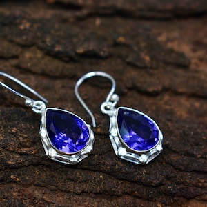 Iolite Silver Earrings, 925 Sterling Silver Drop Earring, Natural Gemstone Jewelry, Iolite Pear Shape Earring, Women's Gift, For Christmas