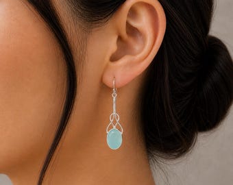 Aqua Chalcedony Gemstone Silver Earrings | 925 Sterling Silver Unique Chalcedony Earrings | Teardrop Dangle Earring