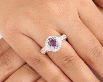 Iolite Gemstone Oval Cut Cubibc ZIrcon Silver Ring | Purple Stone Silver Ring For Women | September Birthstone
