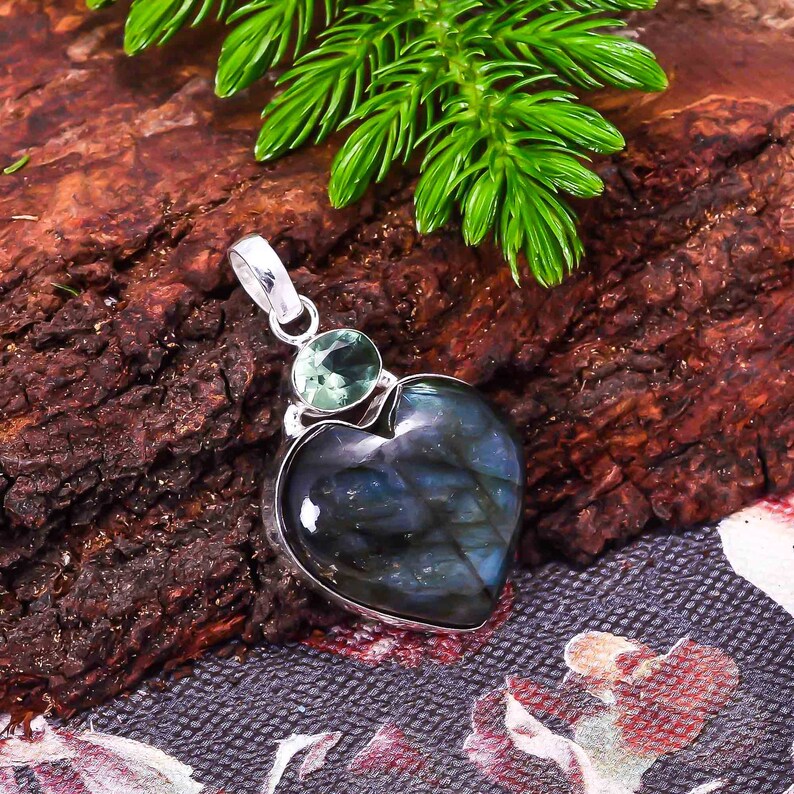 Natural Labradorite /& Green Amethyst Gemstone 925 Sterling Silver Plated Heart ShapePendant Vintage Pendant Tribal Jewelry Mother/'s day Gift