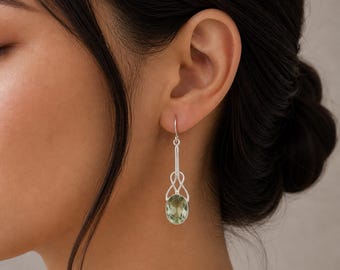 Green Amethyst Gemstone Silver Earrings | 925 Sterling Silver Elegant Teardrop Earrings | Anniversary Gift