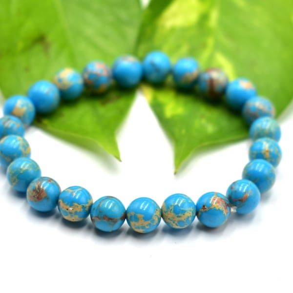 Bracelet de perles rondes unies en cuivre bleu naturel turquoise, pierres précieuses Bracelet pierres de guérison, pierres précieuses, véritable Arizona, cadeau pour hommes et femmes