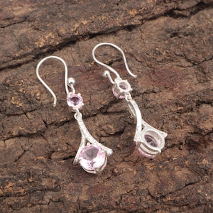 Pink Morganite Gemstone Silver Zircon Earrings, 925 Sterling Silver, Pink Round Stone Prong Set Handmade Earrings, Engagement Gift For Love