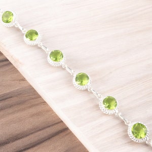 Faceted Peridot Round Cut Gemstone Sterling Silver Handmade Bracelet 925 Stamped Silver August Birthstone, Unique Customized Women Bracelet