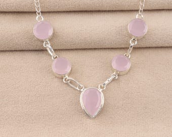 Rose Chalcedony Gemstone Necklace, 925 Sterling Silver, Handmade