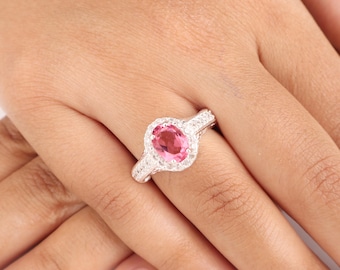 Pink Tourmaline Gemstone Silver Ring | 925 Sterling Silver Elegant Bridesmaid Ring | October Birthstone Gift