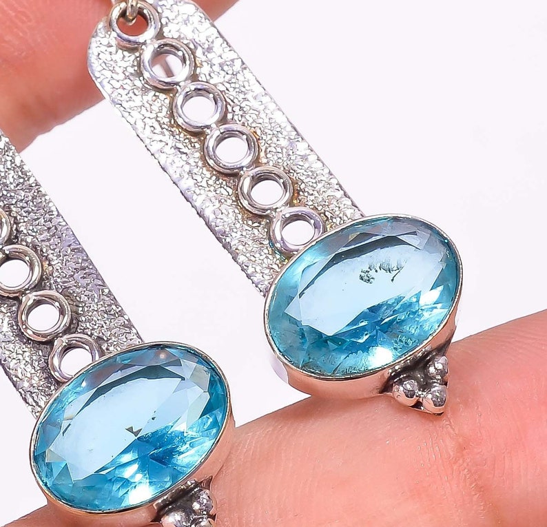 Swiss Blue Topaz Gemstone Earring Drop Dangle Style Earring 2.2 Long 925 Sterling Silver Plated Jewelry Handmade Silver Girl/'s Earring