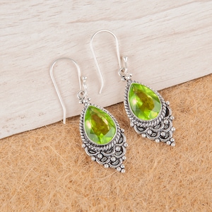 Natural Peridot Pear Stone Handcrafted Bezel Set Oxidized Silver Women Earrings, 925 Sterling Silver, August Birthstone, Drop Dangle Earring