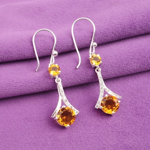Citrine Gemstone Sterling Silver Earrings, 925 Cubic Zircon Women Earrings, November Birthstone Gift, Pretty Drop Earrings, Handmade Jewelry