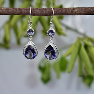 Iolite Silver Earrings, Blue Earring, Ethnic Vintage, Genuine Iolite, dangle and drop, Earlobe, Iolite Pear Shape, Christmas Gift, gemstone